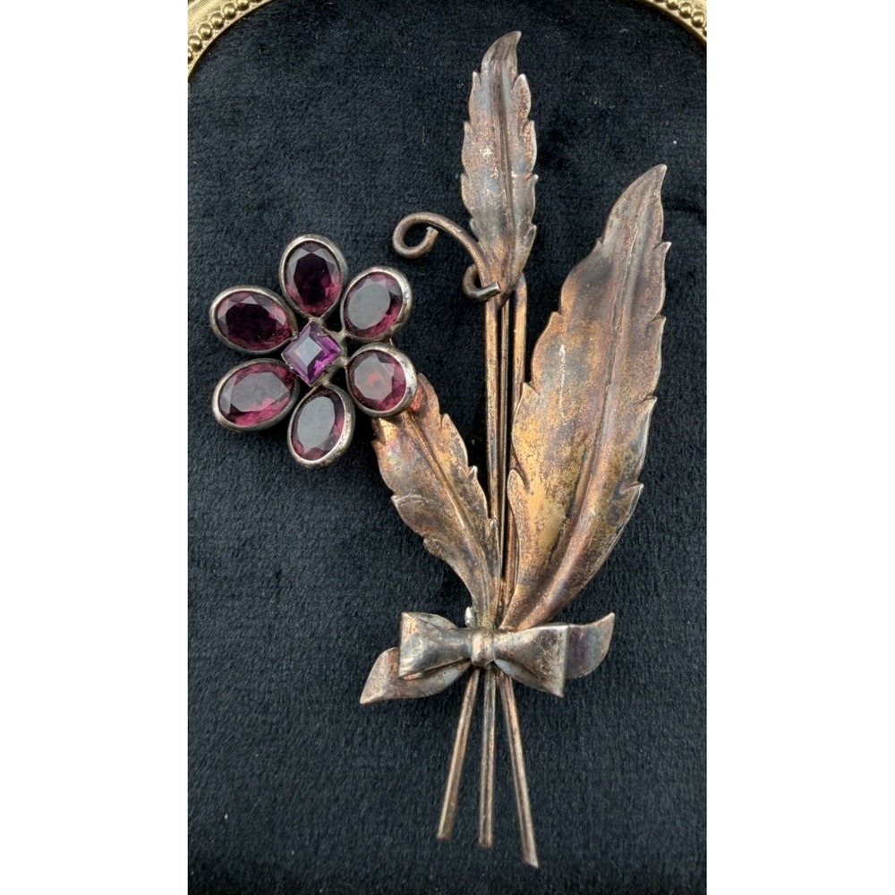 Vintage Sterling Silver Brooch Floral Amethyst Glass Long Stem 4" 19.2 grams